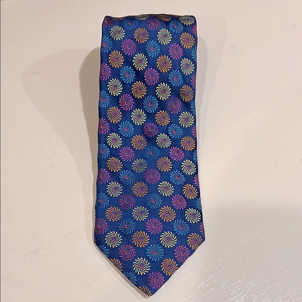 PAUL FREDRICK Silk Blue Swirl Patterned Mens Neck TIE Pinwheel Orange Pink Yello